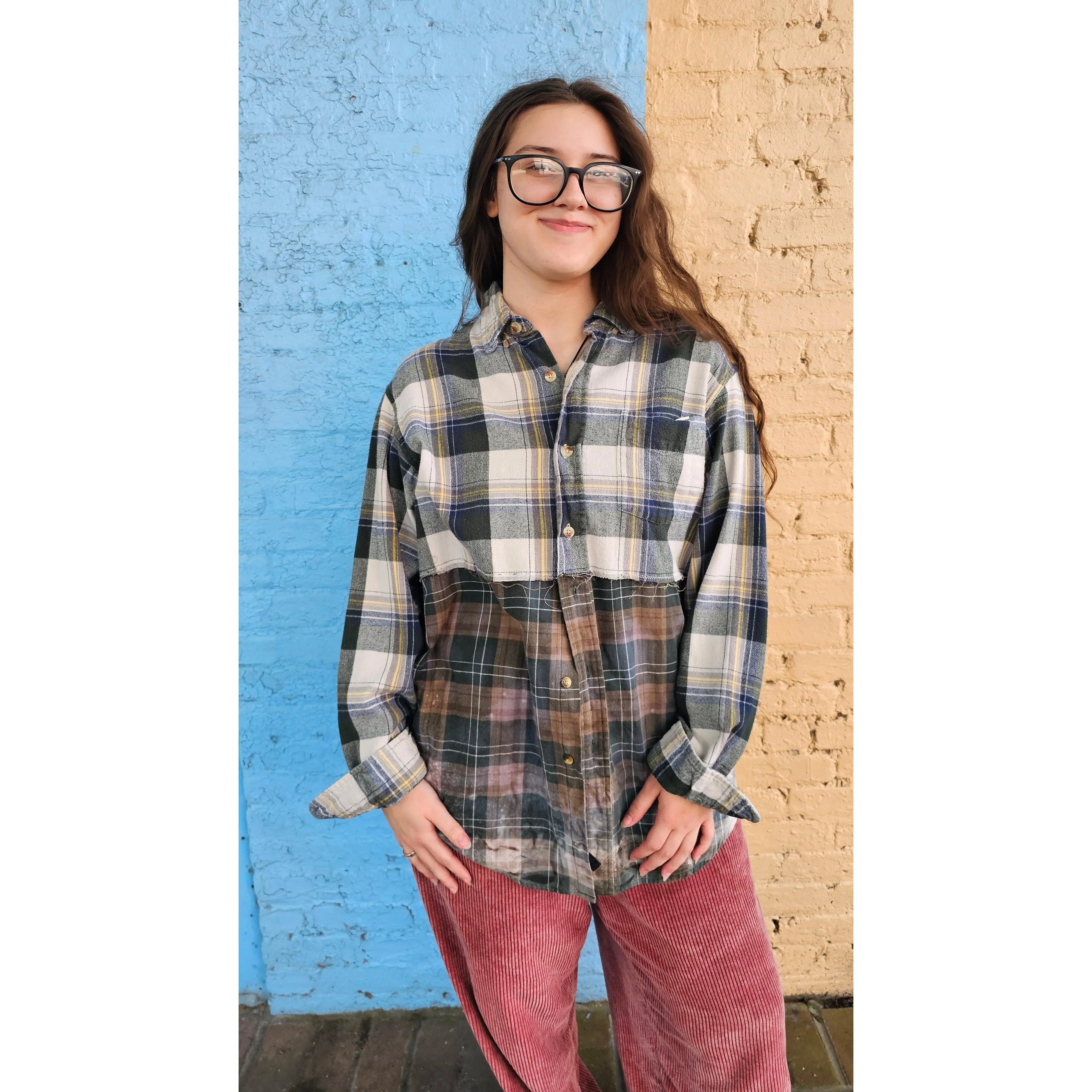 Forest Trail Split Flannel (XL) – One-of-a-Kind Upcycled Patchwork #1410