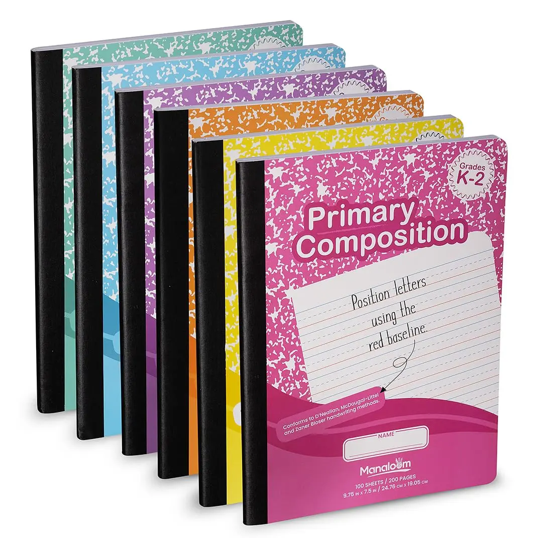 Primary Composition Notebook, Primary Ruled Composition Book for Grades K 2, Preschool, 1st Grade - 9.75″ x 7.50″ - Durable Cover - 100 Sheets - Assorted Colors