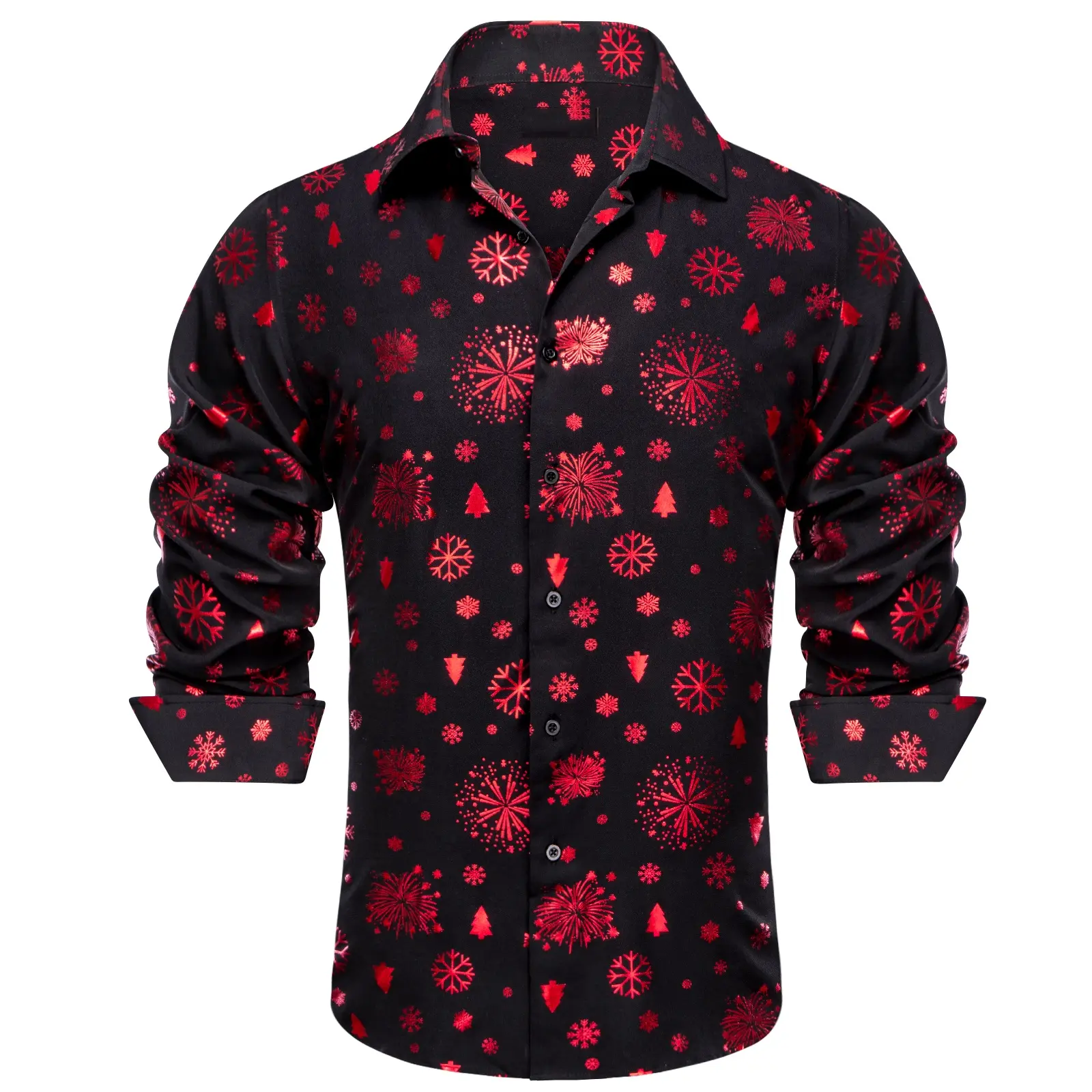 Ailisus Men's Christmas Shirt, Long Sleeve Button-Down with Retro Embroidery, Slim Fit Wrinkle-Free Polyester for Holiday Parties, Jeans, Tops, Long Sleeve Shirts, Soft, Classic, Collared