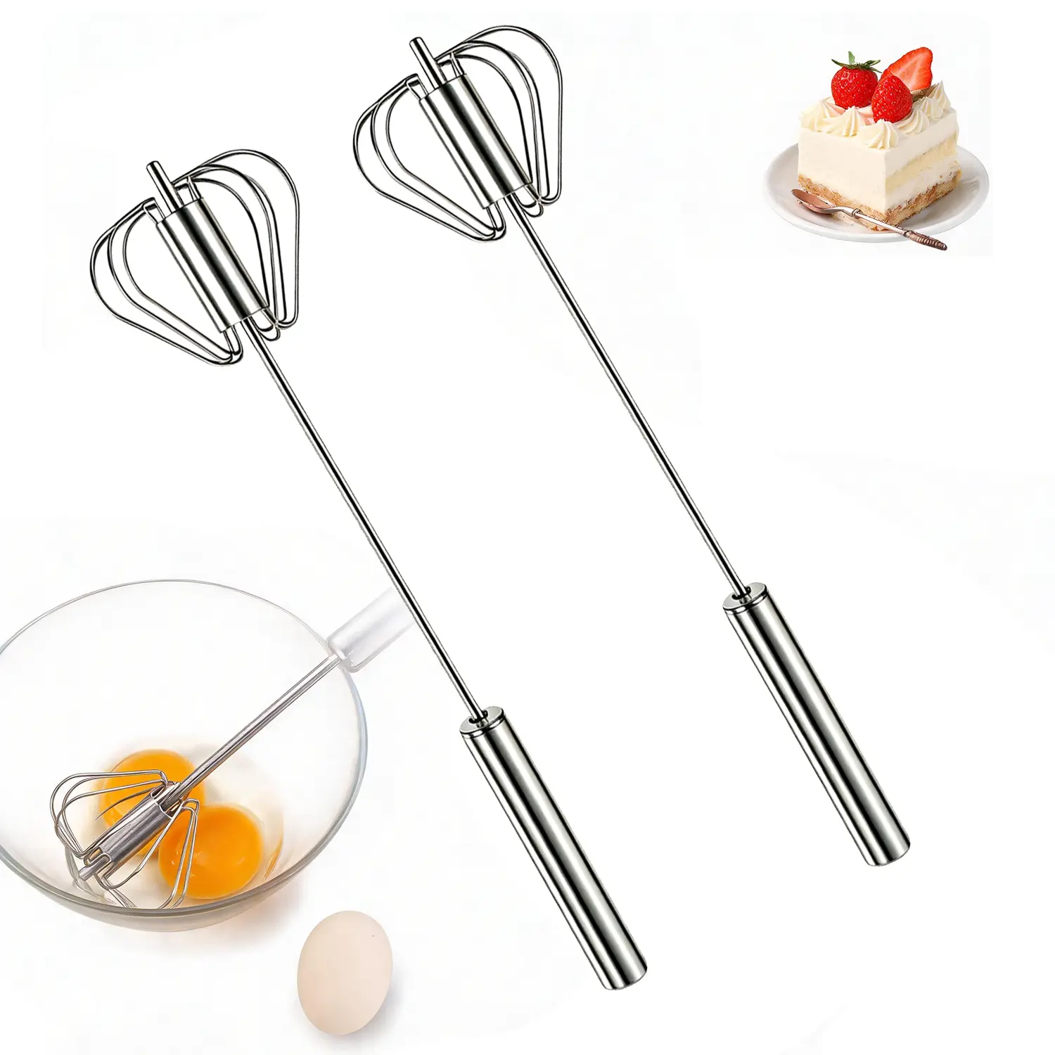 Stainless Steel Hand Push Rotary Whisk, Egg Beater with Riveted Sturdy Structure, Manual Mixer for Egg Whipping, Coffee Frothing, Baking, Cooking Stirring, Easy to Clean Kitchen Utensil,
