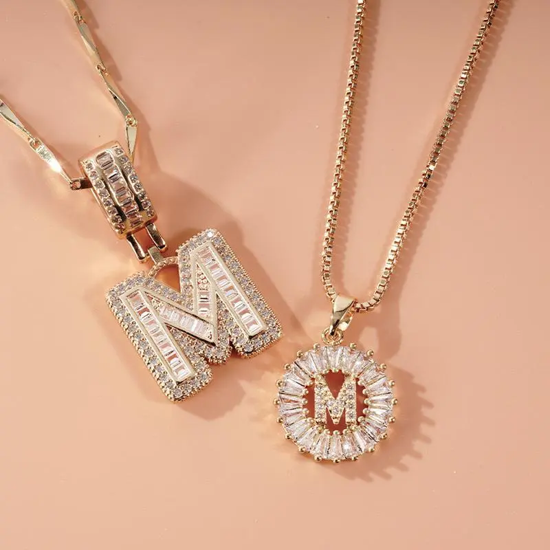 2 Pack Initial Necklace Set | Gold Baguette & Zircon Letter Pendants | Adjustable Layered Jewelry, Two Piece Sets, Baguette Gems