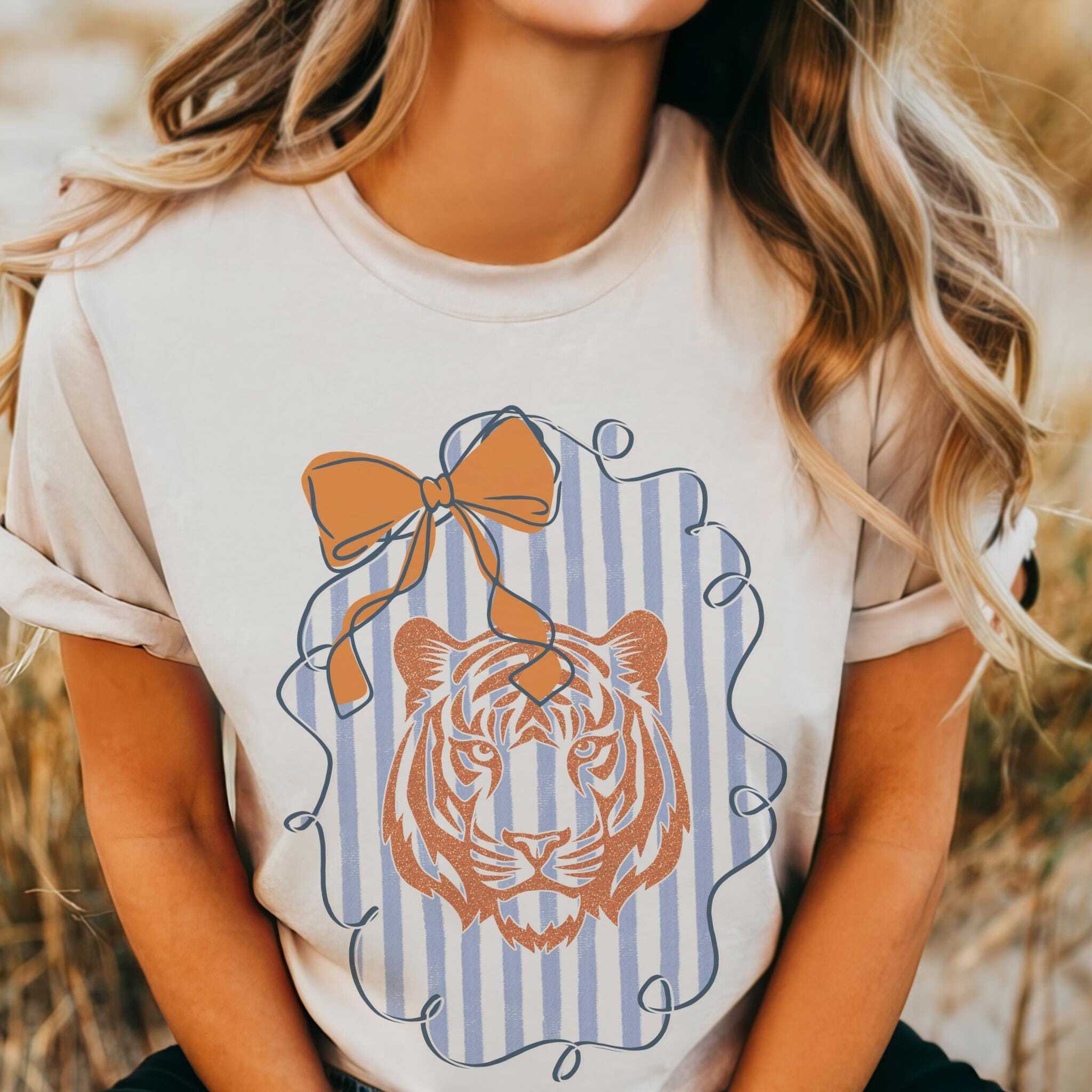 Women’s Cotton Graphic Tee – Orange and Blue Tigers Graphic Print, Fitted Cut Round Neck, Comfy Casual Game Day College Spirit Football Tailgate Top