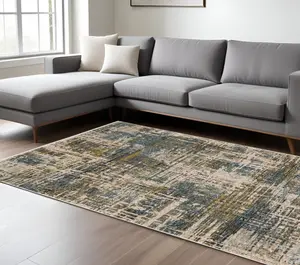 HomeRoots 10x13 ft. Abstract Distressed Fringed Rectangle Indoor Floor Rug - Abstract Area Rugs Collection, Modern Decor for Living Room, Modern Area Rug