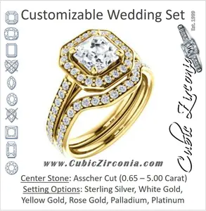 CZ Wedding Set, featuring The Margie Mae engagement ring (Customizable Asscher Cut Halo-Style with Pavé Band)