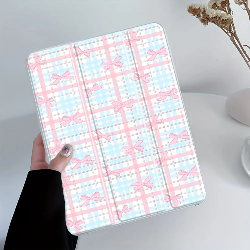Pink Bow Plaid Design iPad Case, Tablet Casing, Tablet Protective Cover, Transparent Acrylic Hard Back Panel With Pencil Slot, Suitable for Ipad mini pro air, Scratch-resistant Ultra-thin Protective Case, Suitable for Offices Schools and Homes