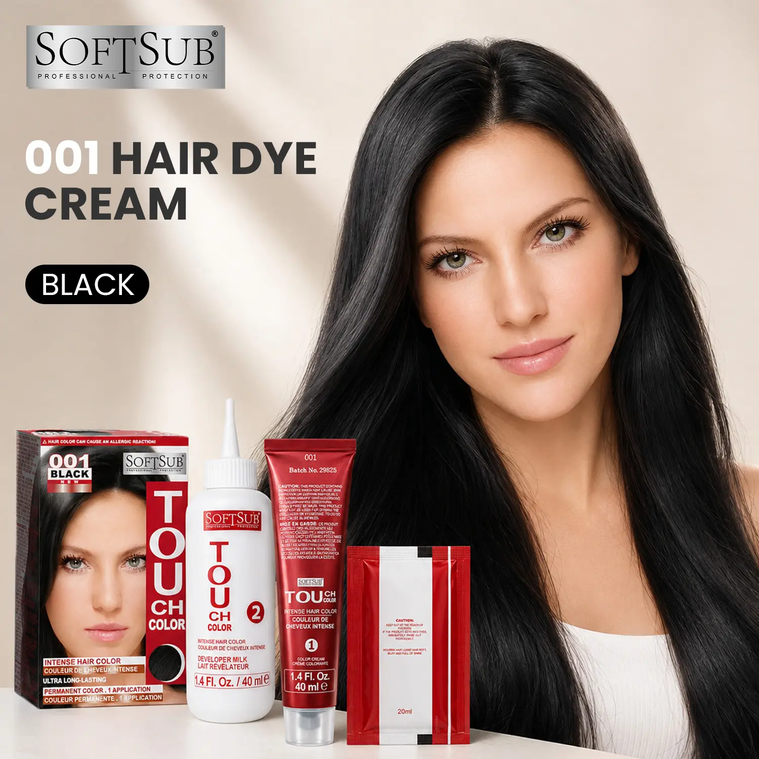 001 Black Permanent Hair Color Kit Rich Radiant Even Looking Color Full Head and Root Touch Up 3 Step 100 mL At Home Dye 1 Application SOFTSUB