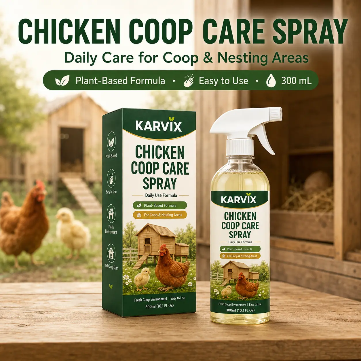 Poultry Spray 300ml - 5-in-1 Chicken Coop Pest Control for Mites, Lice, Ticks, Fleas & Flies, Egg-Safe Formula, Spray Bottle for Coops, Nesting Boxes, Bedding & Backyard Keepers, No Egg Removal Needed