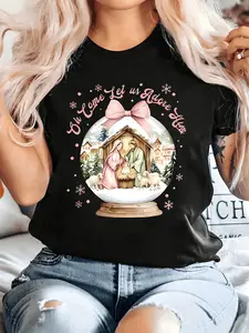 Plus Size Women's Christmas Nativity TShirt Featuring Mary and Jesus Festive Snow Globe Design Comfortable Breathable Fabric for AllSeason Wear