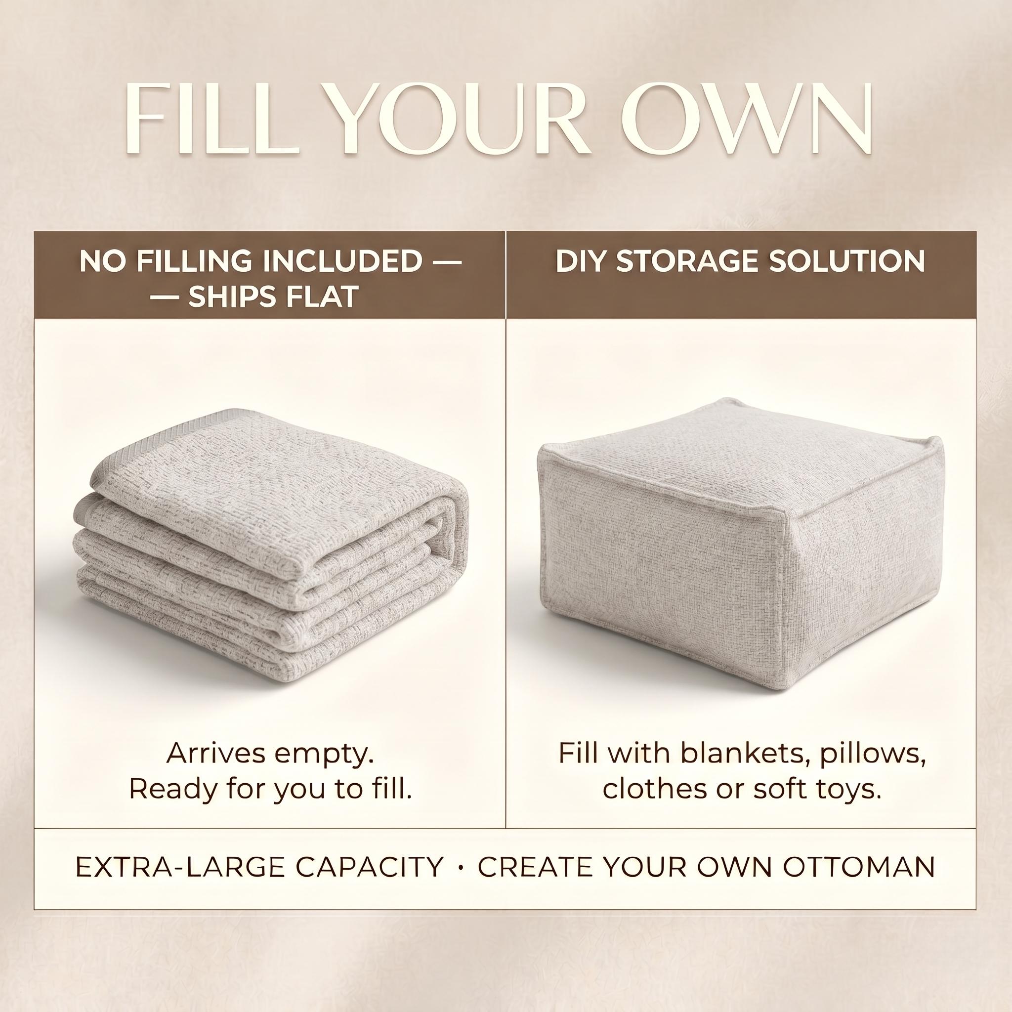Unstuffed Storage Ottoman Cover - Modern Square Pouf Cover & Footrest Shell, Thickened Fabric Smart Storage Solution for Clothes, Blankets & Toys (Cover Only)