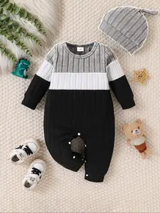Baby Boy Clothes Set, Cute Cartoon Animal Design, Soft Fabric, Includes Stripes Print Bodysuit & Hat, Perfect for Newborns, All Seasons Wear