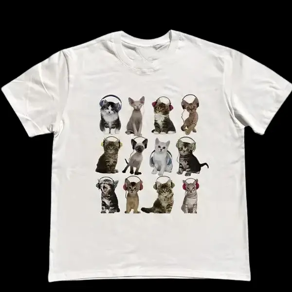 Cats HeadPhone T-Shirt, Unisex Vintage Graphic Tees Gothic Grunge Y2k Emo Scene Amity Affliction Style Clothes Men Women Streetwear