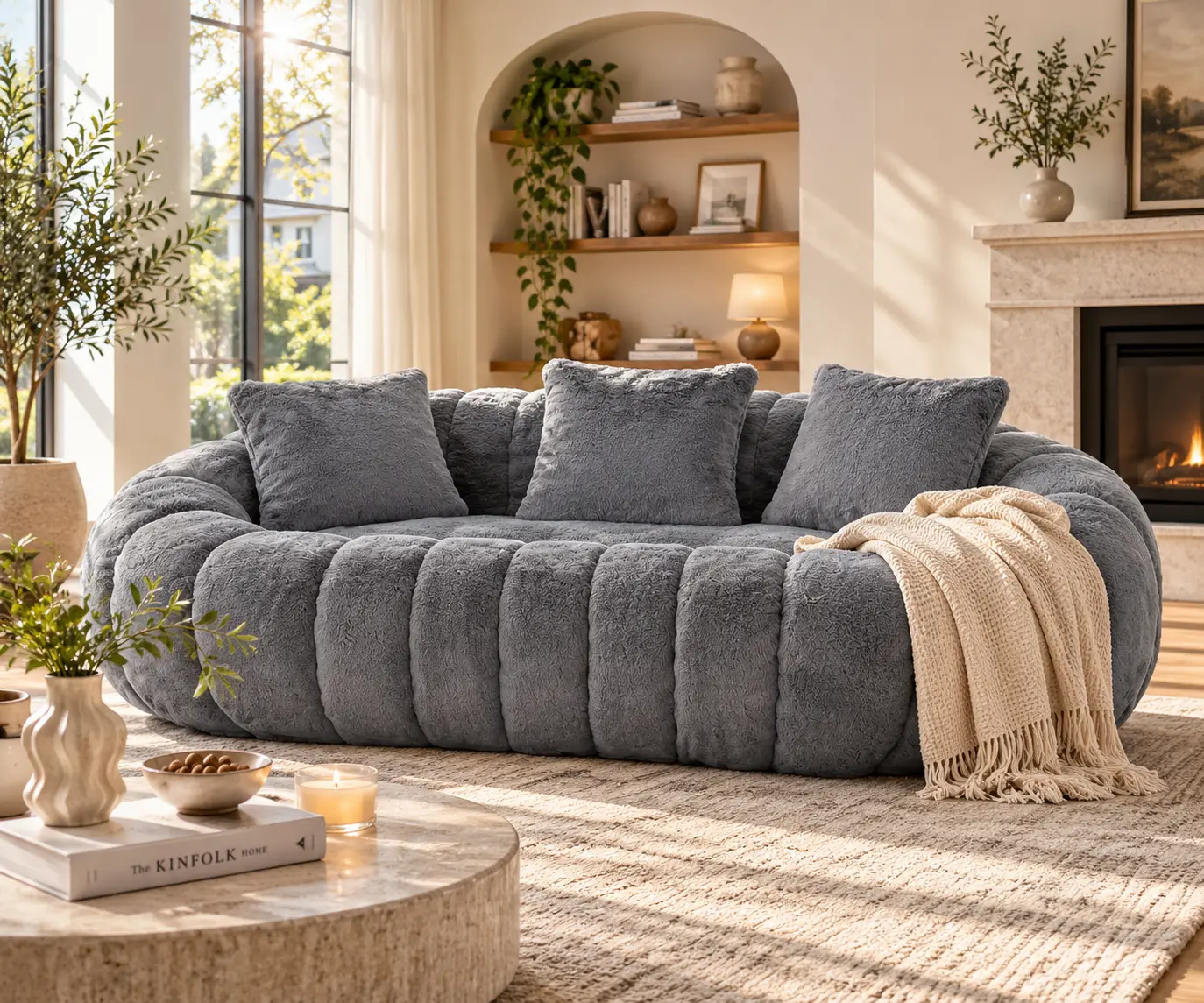 SAVEYOUR Gray Floral-Shaped Sofa - Ultra-Soft Faux Fur, 2-Seater Large Living Room Couch, Accent Sofa for Lounge & Home Decor