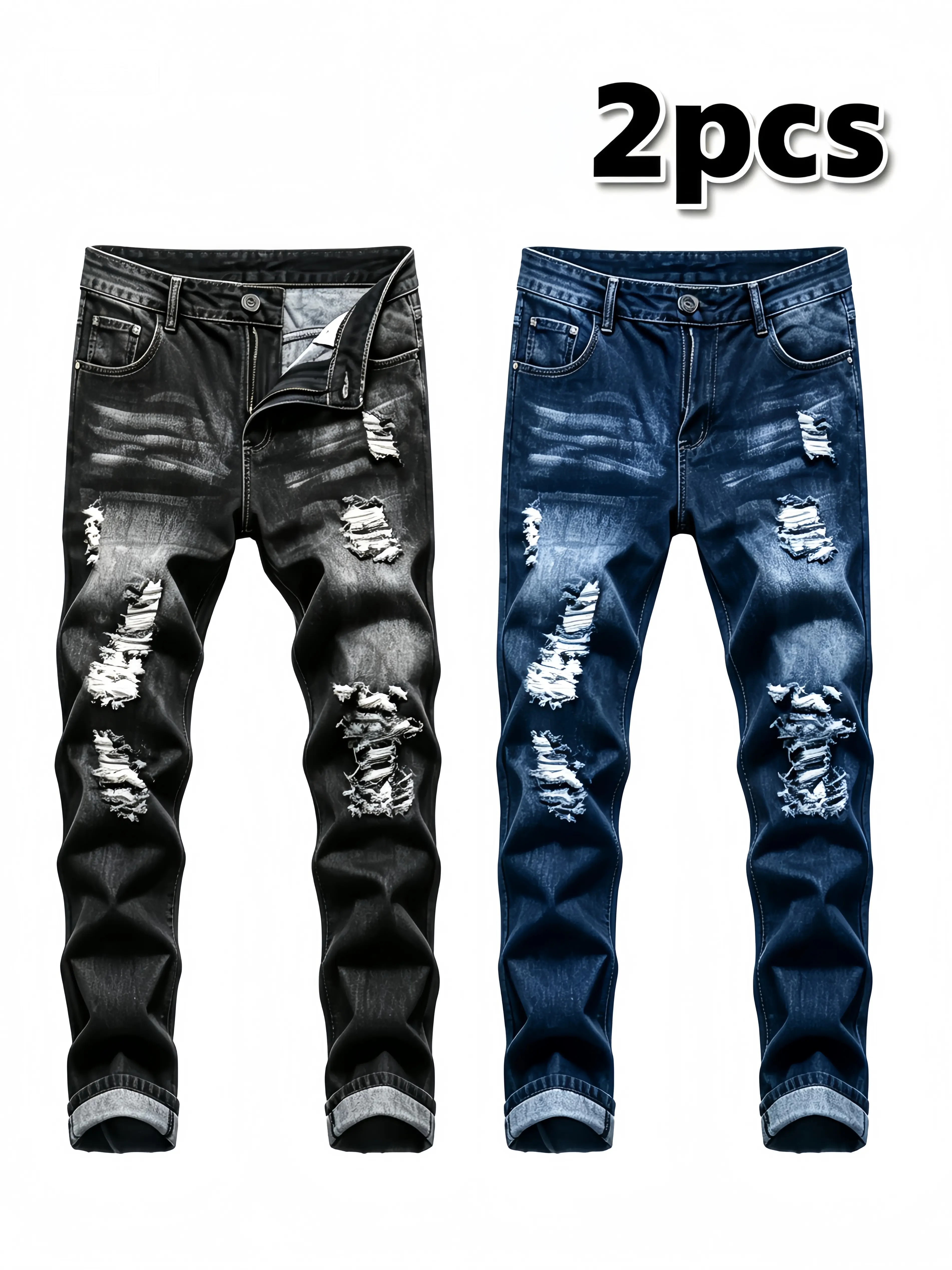 2pcs Men'S Grunge Style Slim Fit Straight Leg Denim Pants with Ripped And Distressed Details-Fashionable Street Style Stretch Jeans for Men-Suitable for All Seasons Grunge Style Straight Leg Skinny Pants,Trendy Casual Versatile Daily Outfit Denim Trousers