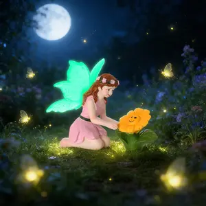 2 Piece Fairy Sunflower Statue, Creative Fluorescent Wings Fairy Garden Ornament, Fun Gift Resin Craft, Outdoor Decor Sculpture