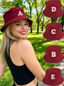 Burgundy Letter Embroidered Bucket Hat, Unisex Retro Sun Protection Hat, Casual Outdoor Commute Hat, Spring Summer Fashion Hat