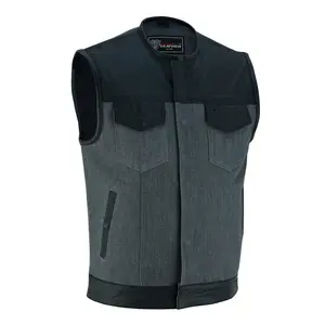 Vance Leathers Men's Grey Denim & Leather Motorcycle Vest with CCW Pockets