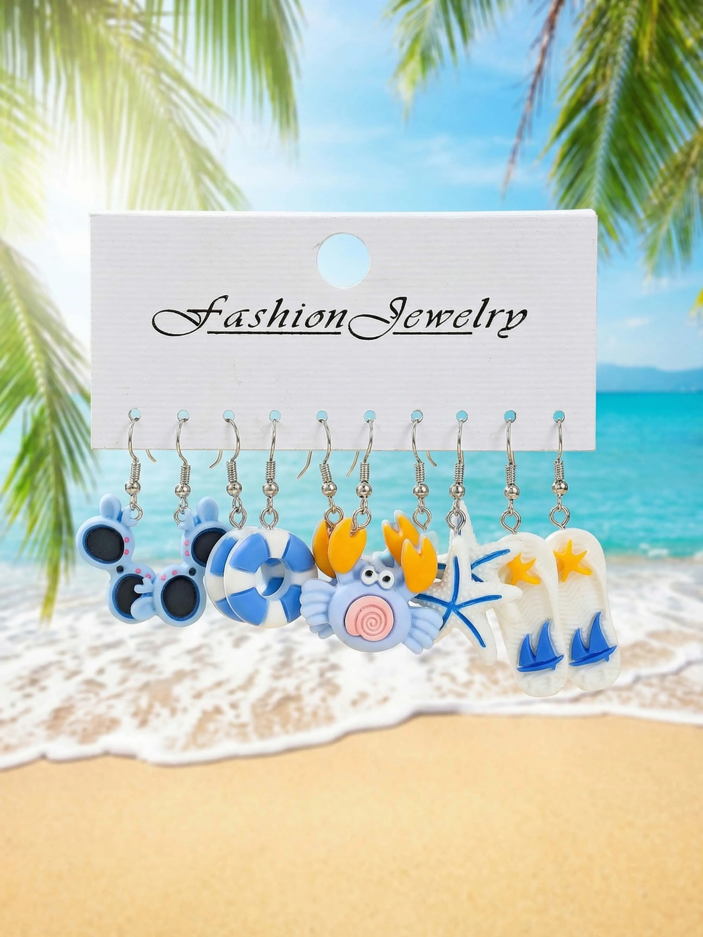 10-Piece Ocean Series Resin Earrings Set, Boat Starfish Fishbone Swim Ring Crab Slipper Elements, Cute Blue Women's Jewelry, Ocean Vibes Dangles, Beachy Earrings, Dangling Earrings
