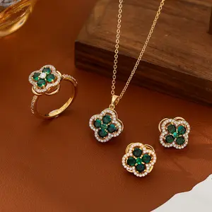 Rotatable Zircon Green Four-Leaf Flower Women'S Light Luxury Versatile Design High-End Jewelry Set