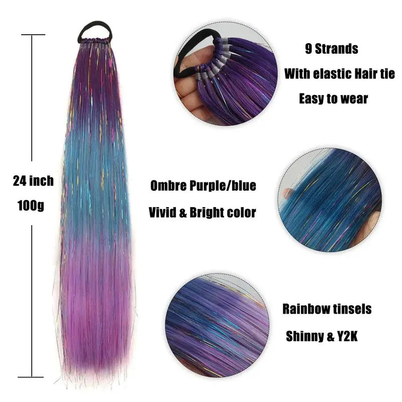 Purple Blue Tinsel Ponytail Extension with Elastic Hair Tie Glitter Braiding Hair For   Crazy Hair Day Brave Hair
