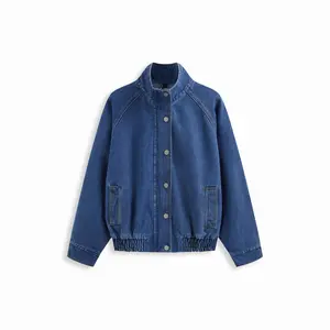 Cider Denim Stand Collar Long Sleeve Zip Through Button Oversized Jacket