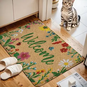Floral Spring Welcome Door Mat Suitable for Indoor/Outdoor Use, Non-Slip Adhesive Backing, Mat with Flower Butterfly, Machine Washable Suitable for Front Door Entrance, Porch Decor