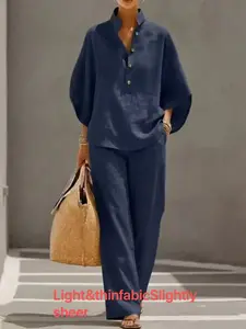 Women's Casual Shirt Set, Womenswear, Blouse, Perfect for Outing Adventures, Comfortable Loose Fit, Plain Design, All-Season Wear, Stylish and Practical