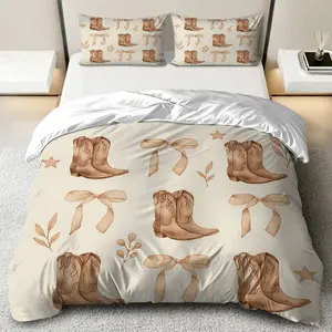 3PCS Duvet Cover Set, 1 Duvet+2 Pillowcases(Without filler), Cowboy Boots Vintage Rustic Country Western theme, Christmas bedding set, cowboy boots and bows Suitable for decoration bedroom living room guest room lodge.