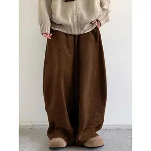Men's Solid Color Drawstring Waist Corduroy Pants, High Stretch Loose Casual Comfy Pocket Wide Leg  Trousers for Daily Wear, Men's Bottoms for All Seasons