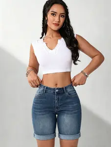 roswear Womens Mid Rise Roll Cuff Bermuda Stretch Denim Jean Shorts