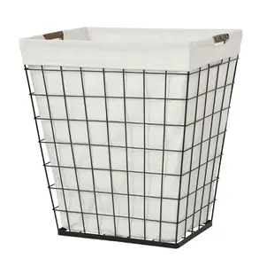 Steel Wire 75L Rectangular Laundry Basket Hamper with Removable Cotton Blend Liner, Black & Natural, Suitable for Adults