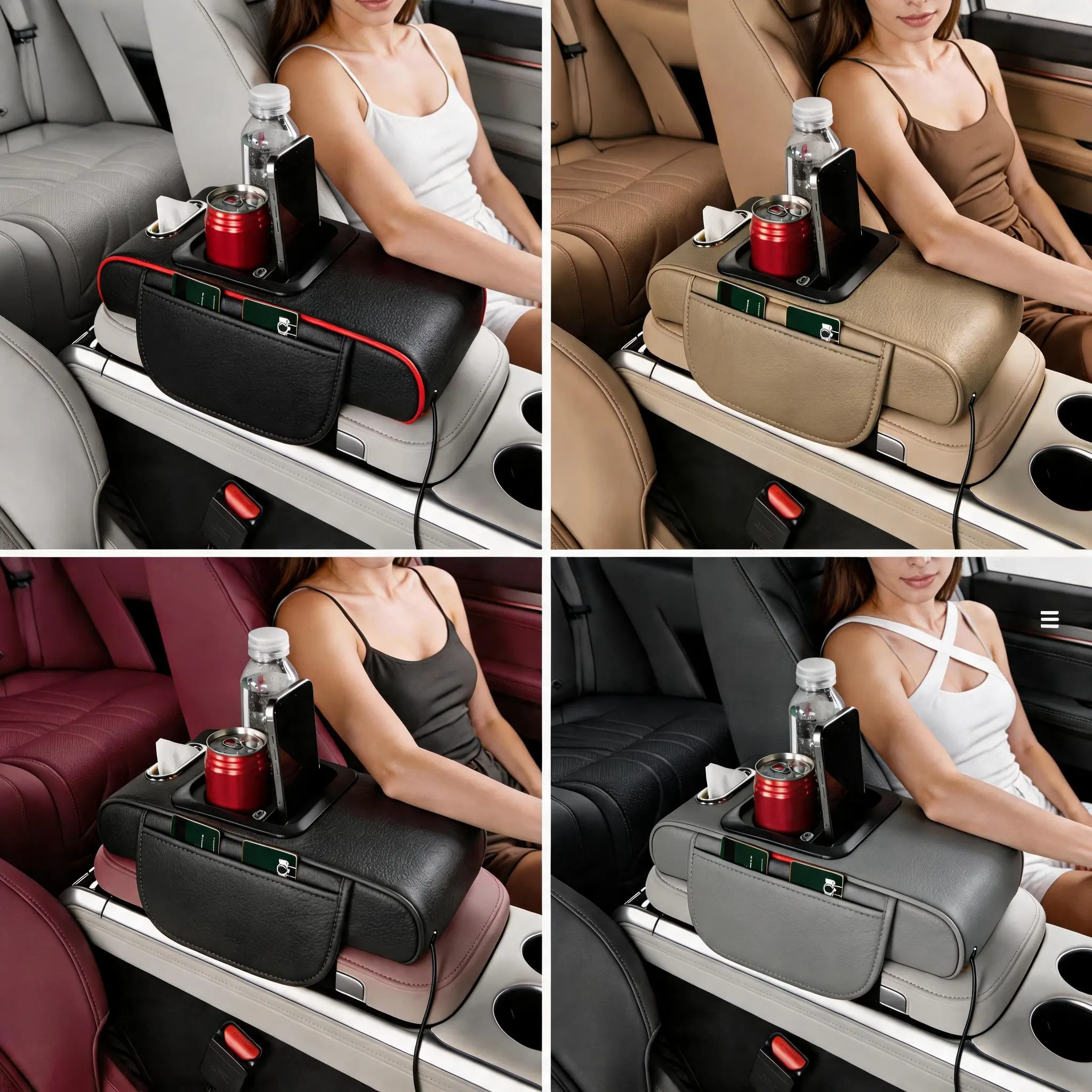 Car Storage Box with Cup Holders, USB-C Charger, Dual Compartment, 2-in-1 Fast Charging Cord – Keep Your Car Clean & Organized for Outdoor Recreation, 【Summer Sale Deals】