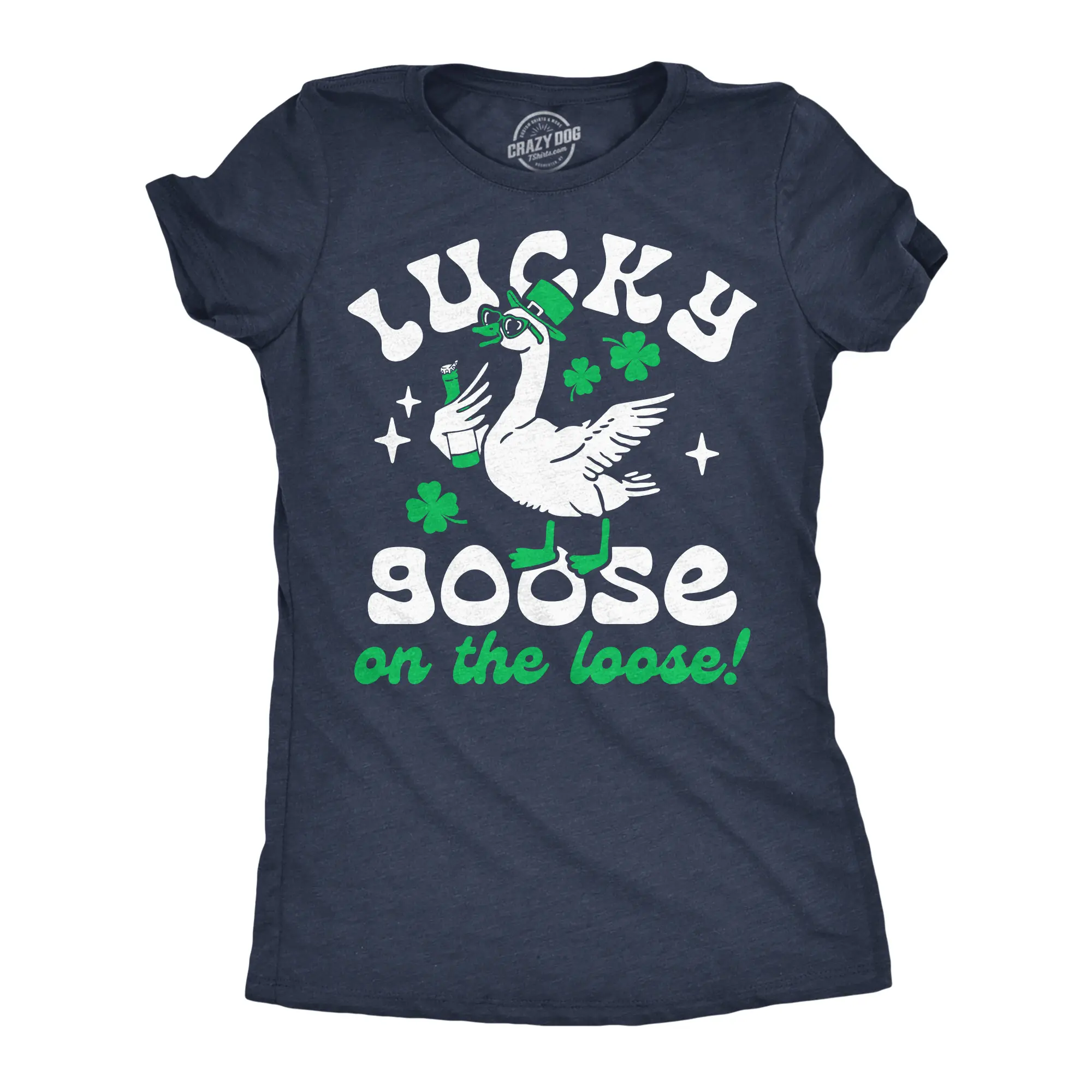 Womens Funny T Shirts Lucky Goose On The Loose Sarcastic St Patricks Day Tee For Ladies Funny Womens T Shirts Cute Vintage Fashion Casual Ladies T-Shirt Gift Saint Patrick's Day Tops for Women Funny Animal Top Navy -