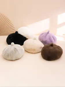 Women's Faux Fur Beret Hat, Cute Pumpkin Design, Warm Painter Cap for Fall & Winter, Outdoor Fashion Accessory