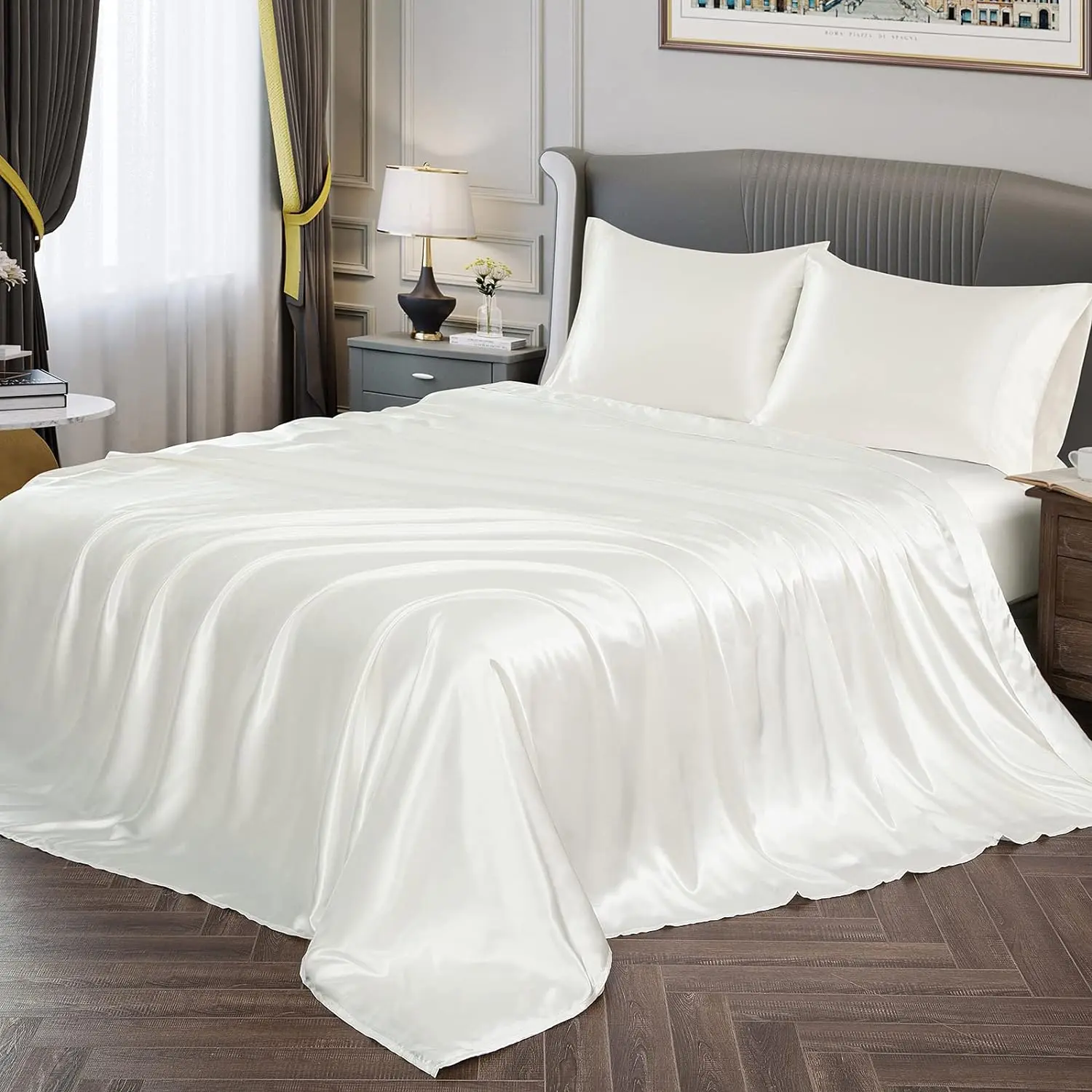 Queen Size Silky Soft Satin Bed Sheets Ivory White Satin Sheet Set, 1 Deep Pocket Fitted Sheet + 1 Flat Sheet + 2 Pillowcases