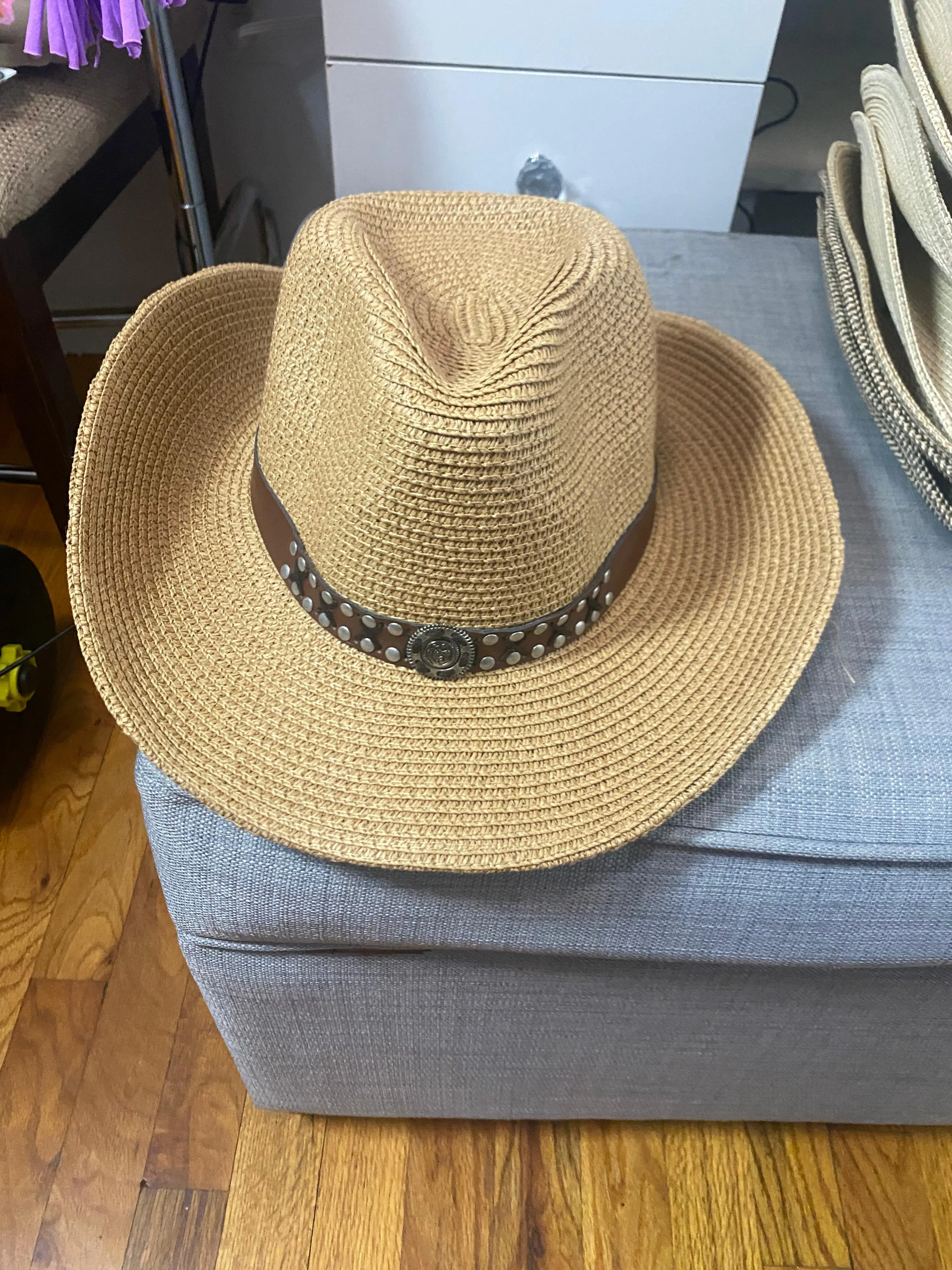 Artesana Natural Tan Studded Cowboy Hat | Wide Brim Straw Style Hat with Brown Band and Silver Studs