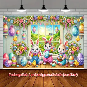 1PC,2D Flat Easter Theme Backdrop, Cartoon Rabbit & Egg Decorative Tapestry, Festival Party Photo Background Wall, Children's Birthday Party Scene Decoration Prop, Holiday Decor Background Cloth