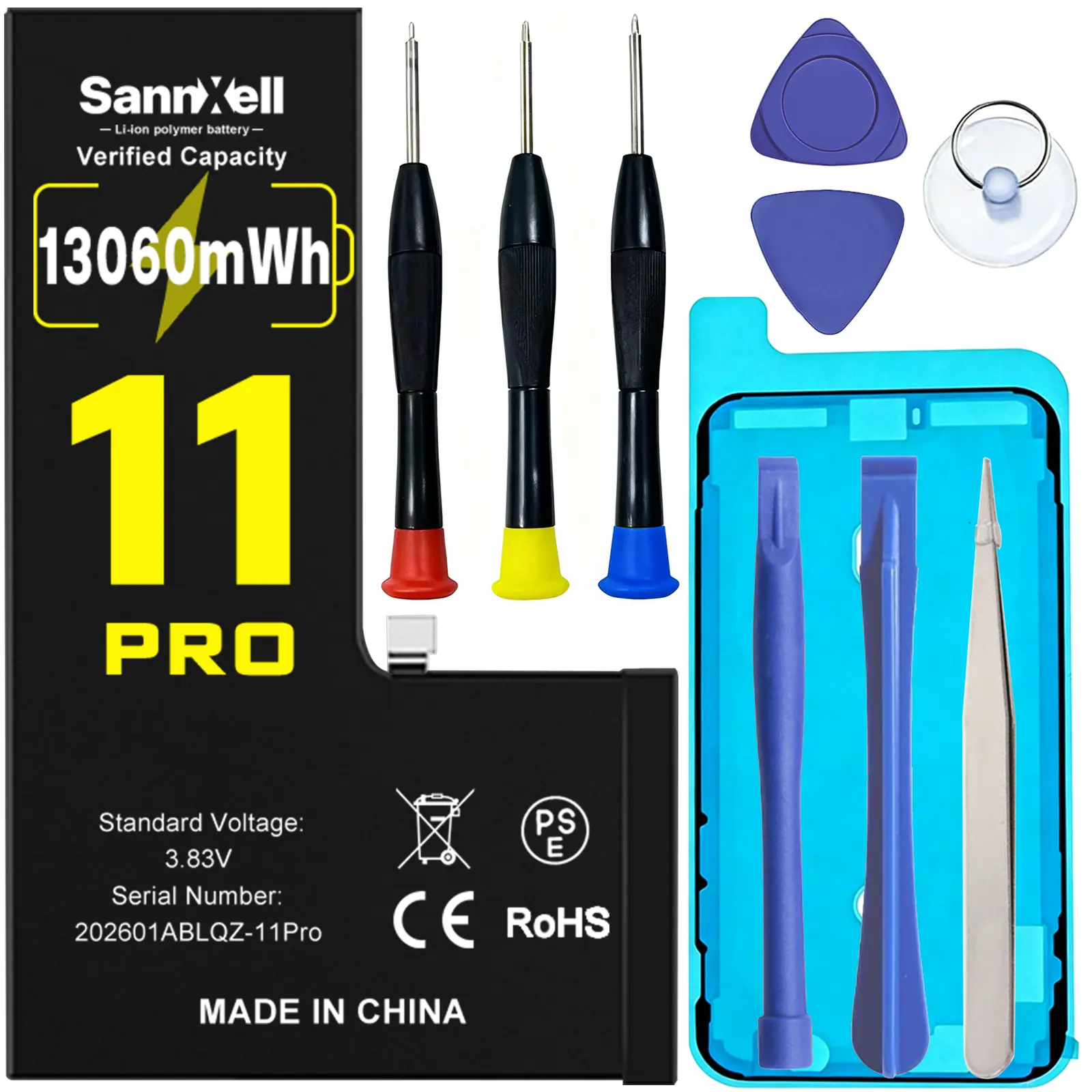 SannXell Upgraded High-Capacity Cellphone Battery for iPhone 11 Pro Replacement, 13060mWh 0-Cycle Li-ion Mobile Battery for A2160/A2215/A2217 Models, with Full Repair Tool Kit