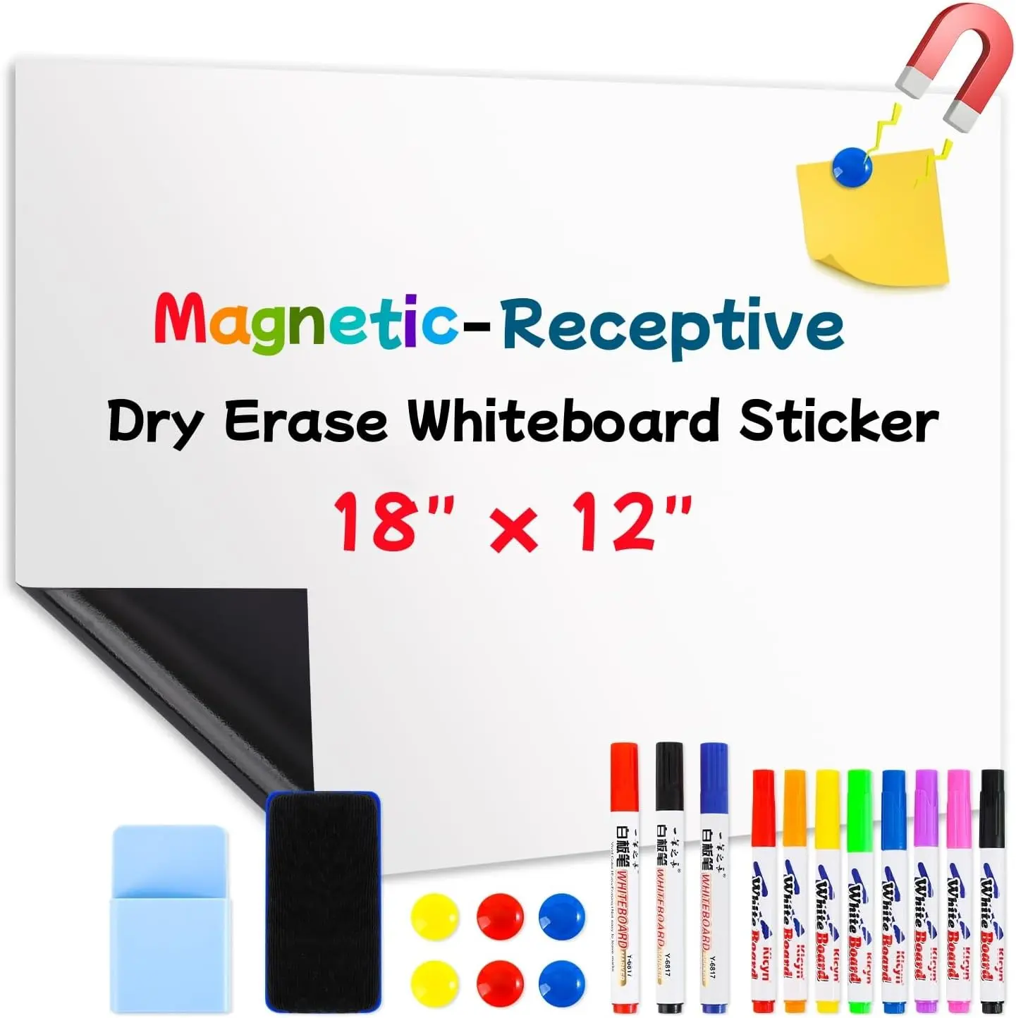 Dry Erase Whiteboard 18"x12"- Self-Adhesive Flexible Wall Board Kit with 11 Markers, 6 ,  Eraser & Holder - Ultra Smooth Writing,Effortless Clean for Office, Home, School