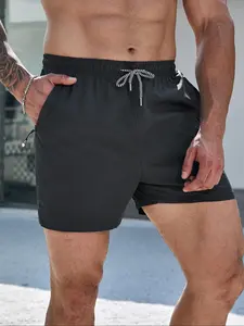 Men's Solid Color Zipper Pocket Shorts, Casual Breathable Quick Drying Shorts for Beach Vacation, Men's Swimwear for Summer, Swimming Shorts