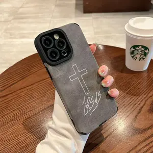 Cross + Jesus Handwritten Logo Phone Case Made Of TPU And Leather The Touch Is As Delicate And Skin Friendly As Velvet Suitable for iPhone 17 Pro Max Phone Case 17 Air 16E 16 Plus 15 Pro Max 14 13 12 11 X XS Max