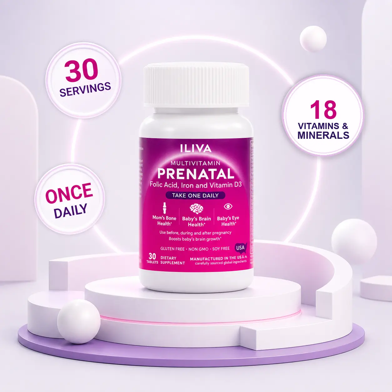 ILIVA by INDICAID Prenatal Vitamins for Women, Once-Daily Prenatal Multivitamin with Folate & 18 Vitamins and Minerals, Supports Mom’s Bone Health and Baby’s Brain, Eye & Neural Tube Development, Gluten-Free, Dairy-Free & Soy-Free, 30 Servings