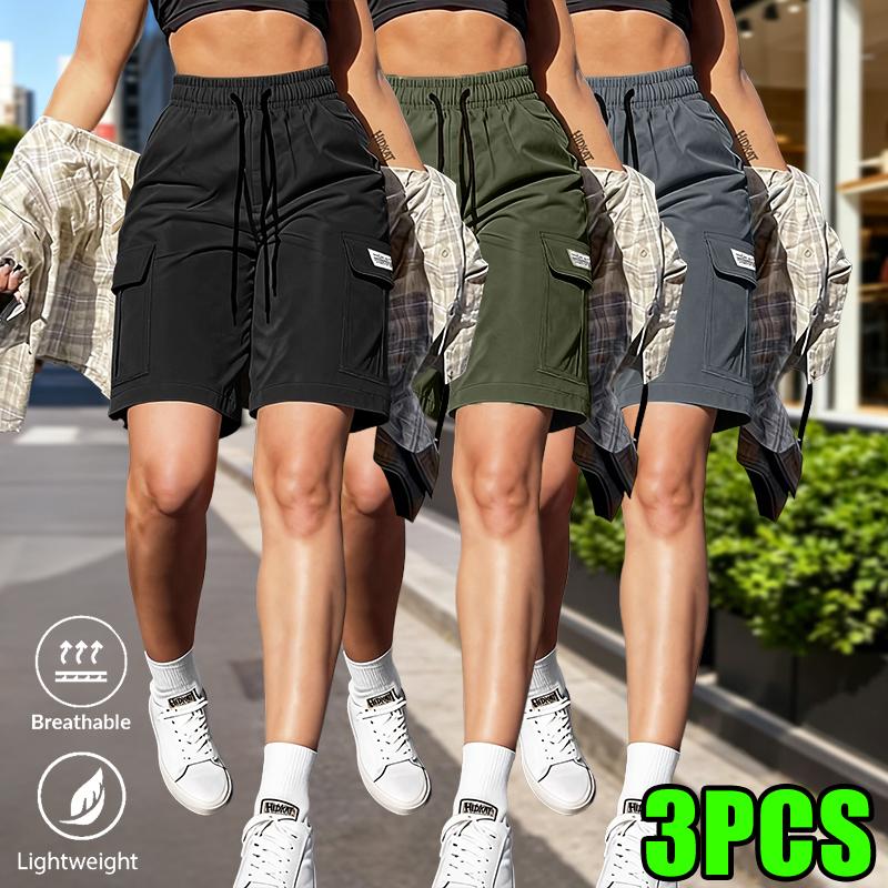 3-pack women&rsquo;s cargo shorts for summer with elastic waistband, side pockets, and drawstring; durable, multi-pocket, breathable&mdash;ideal for outdoor sports and everyday wear.Summervibes