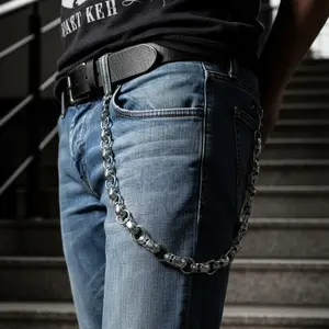 NEW Men's Fashion Wallet Chain Links Metal Jeans Keychain with Skeleton Skull Charms Silver Color 20" Long Triple Metal Links Trucker Biker Style