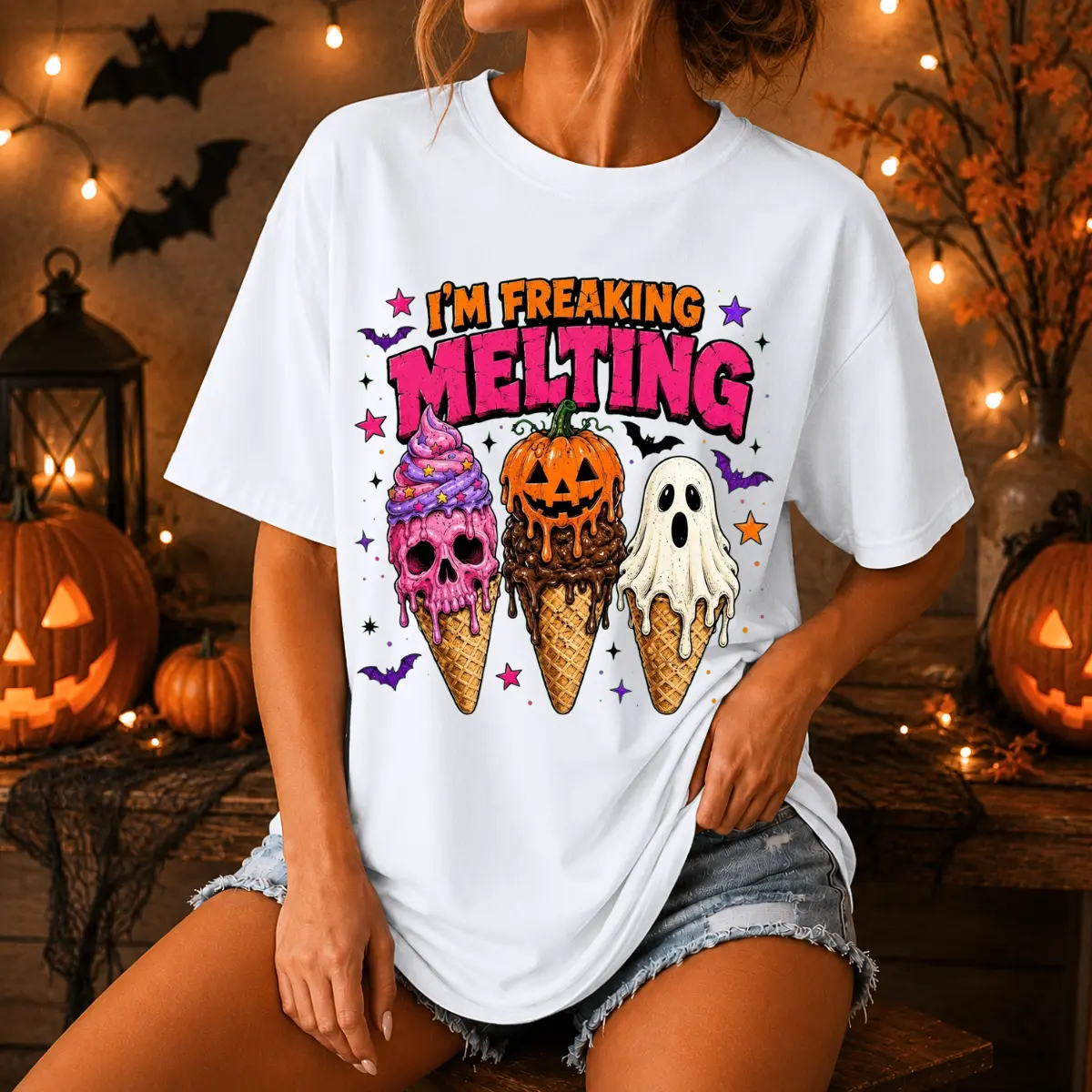 Halloween Melting Ice Cream T-Shirt, Funny I'm Freaking Melting Graphic Tee, Ghost Skull Pumpkin Ice Cream Cone Horror Design, Front Graphic Print Shirt, Spooky Fall Halloween Outfit, Funny Gift For Women Men, Unisex Graphic Tee