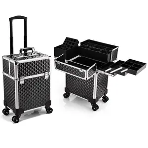 Joligrace Rolling Makeup Train Case Professional Cosmetic Trolley 4 Trays & 1 Cubby with Sliding Rail Large Cosmetology Case on Wheels
