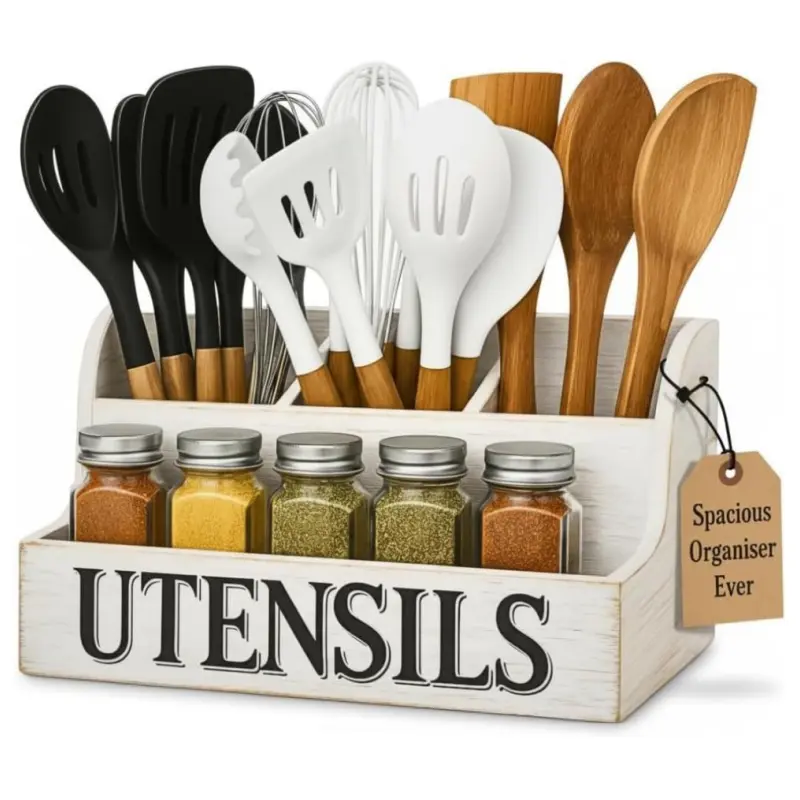 Rustic White Wooden Utensil Holder for Kitchen Counter, 4 Compartment Divided Flatware Caddy with Drain Holes & Side Handles, Farmhouse Kitchen Organizer for Cooking Tools, Silverware and Spice Jars