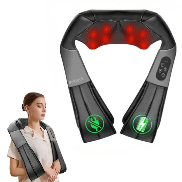 Nekteck Cordless Shiatsu Neck & Back Massager with Heat - 8 Nodes, 3 Intensity Levels, Rechargeable Battery, Ergonomic Design for Pain Relief