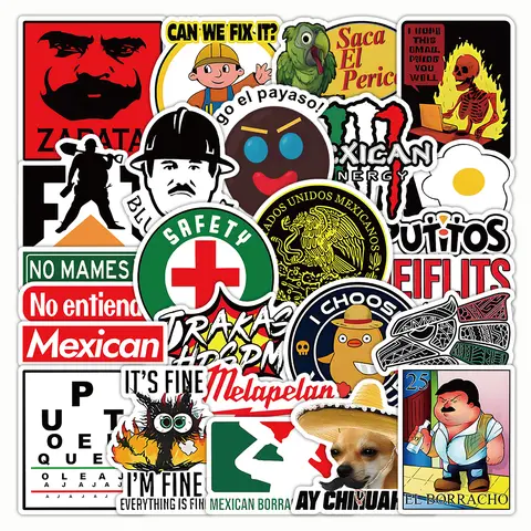 30pcs Bold Character-Based Construction-Related Expressive Humorous Mexican Blue-Collar Decorative Stickers - 3mm Thick Vinyl Badges Decals, Weather-Resistant, All-Season Waterproof, Dishwasher-Safe, Ideal for Hard Hats, Coolers