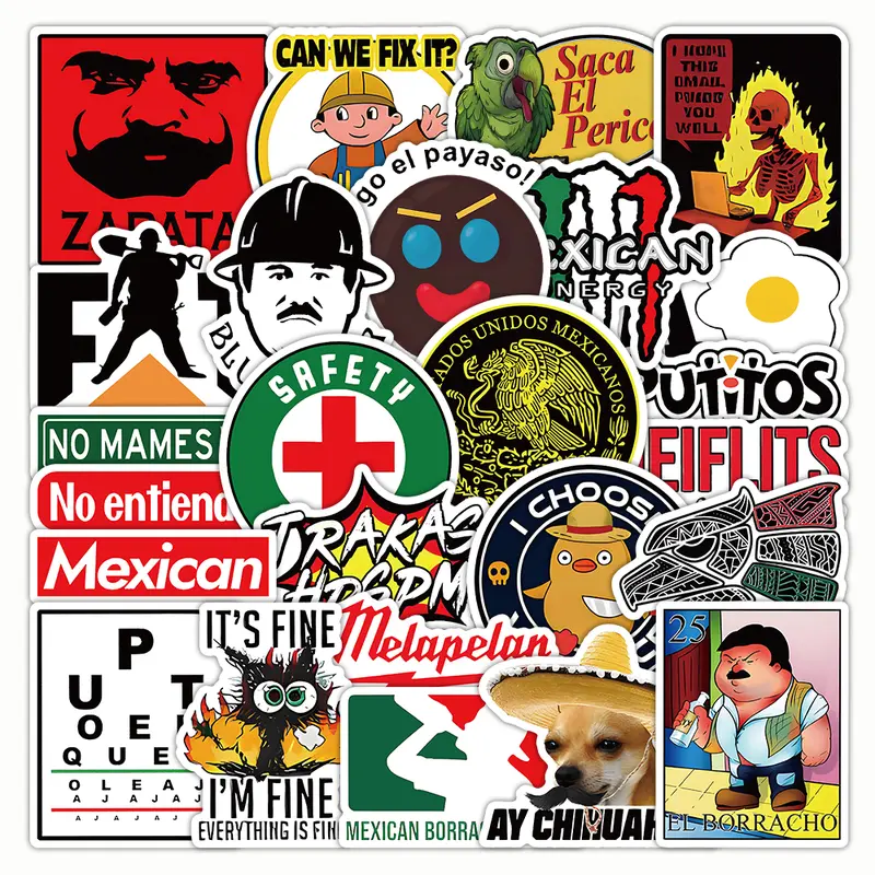 30pcs Bold Character-Based Construction-Related Expressive Humorous Mexican Blue-Collar Decorative Stickers - 3mm Thick Vinyl Badges Decals, Weather-Resistant, All-Season Waterproof, Dishwasher-Safe, Ideal for Hard Hats, Coolers