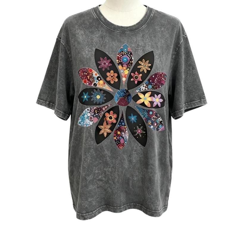 Boho Mosaic Mandala Flower Vintage Washed Pure Cotton Crew Neck T-Shirt, Bohemian Spiritual Casual Short Sleeve Top